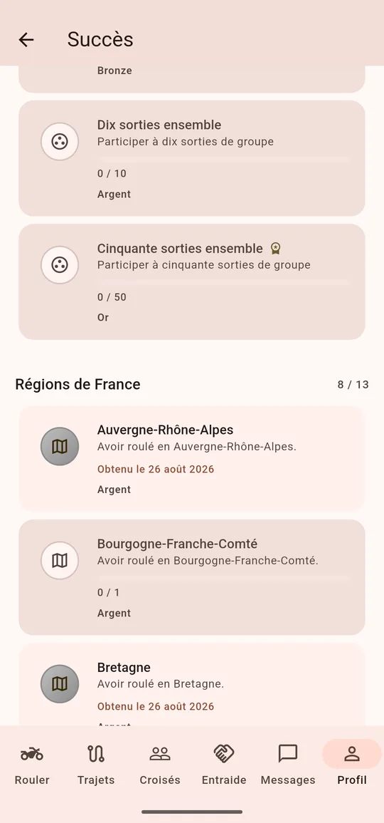 La rubrique « Régions de France », 8 sur 13 : l’Auvergne-Rhône-Alpes et la Bretagne obtenues le 26 août 2026, la Bourgogne-Franche-Comté encore à zéro.